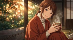 和の庭でお茶を楽しむ女性