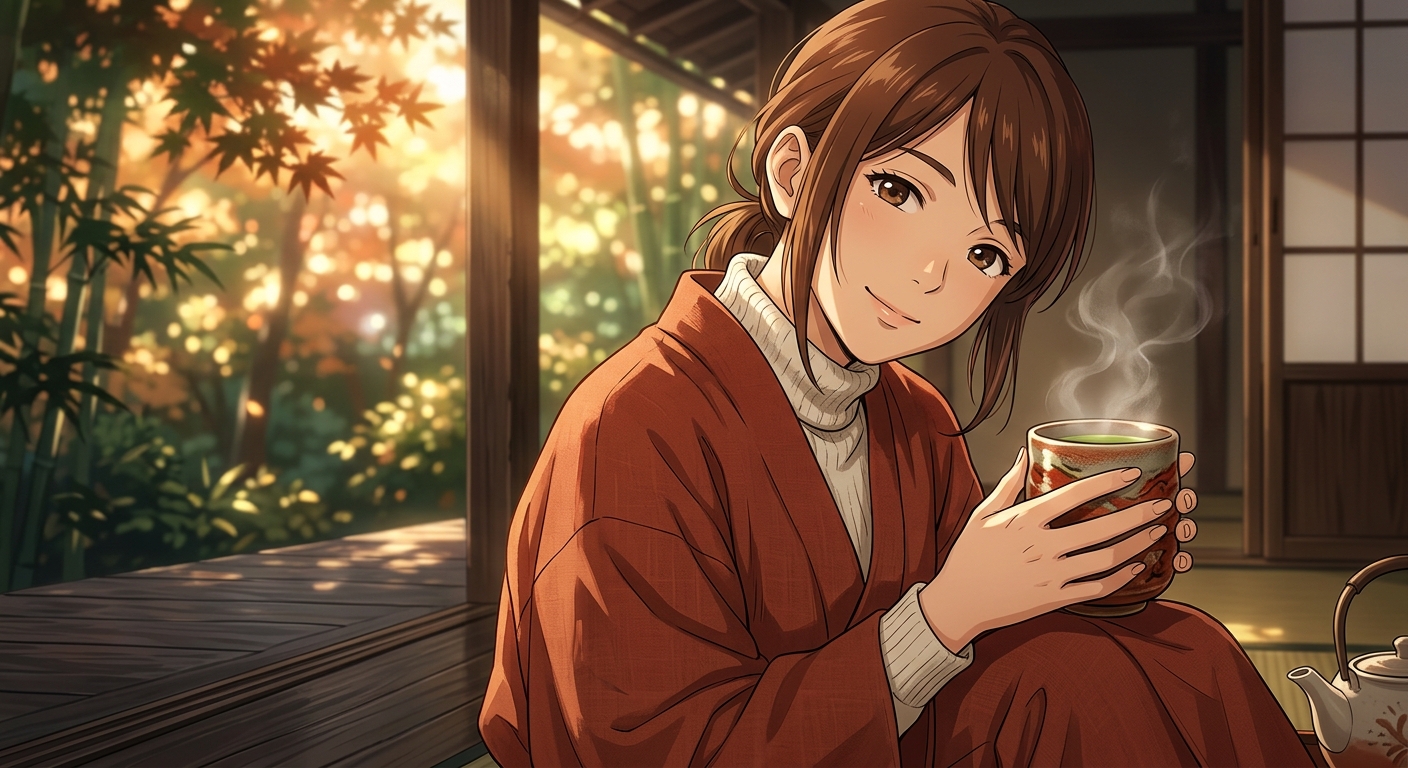 和の庭でお茶を楽しむ女性