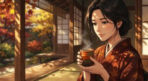 和紅茶を楽しむ着物姿の女性