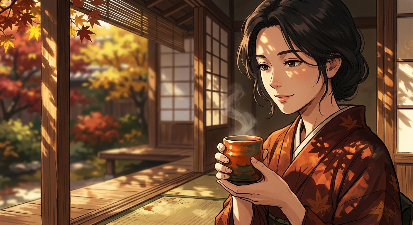 和紅茶を楽しむ着物姿の女性