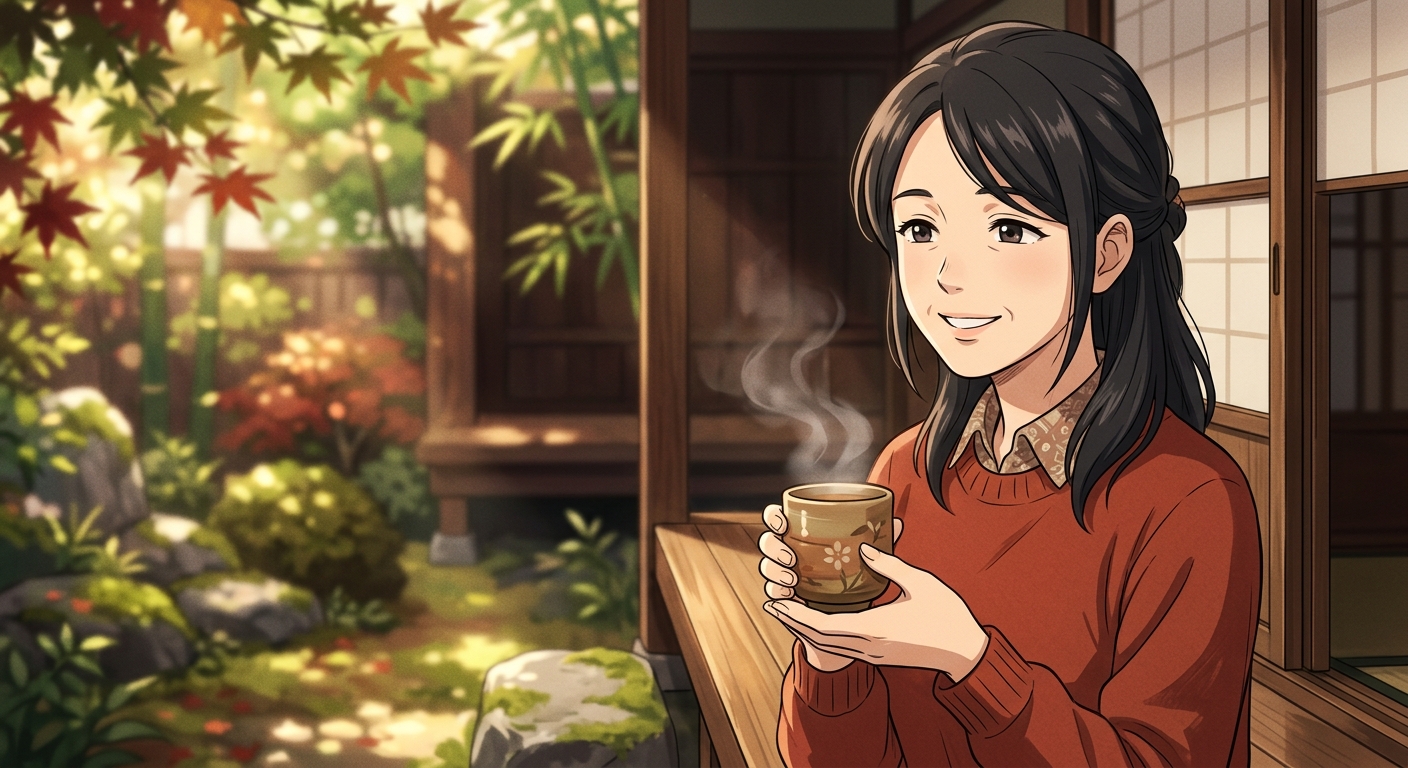 和室でお茶を楽しむ女性