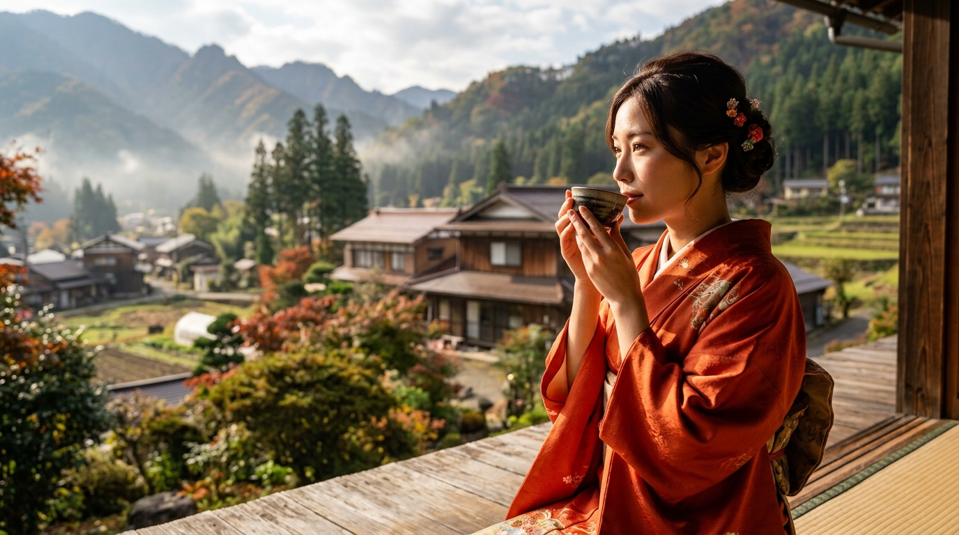 山里で和紅茶を楽しむ女性