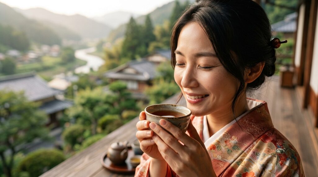 山里の景色と和紅茶を楽しむ着物姿の女性