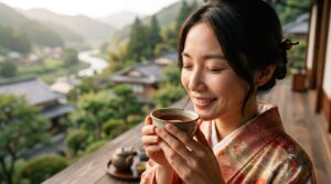 山里の景色と和紅茶を楽しむ着物姿の女性
