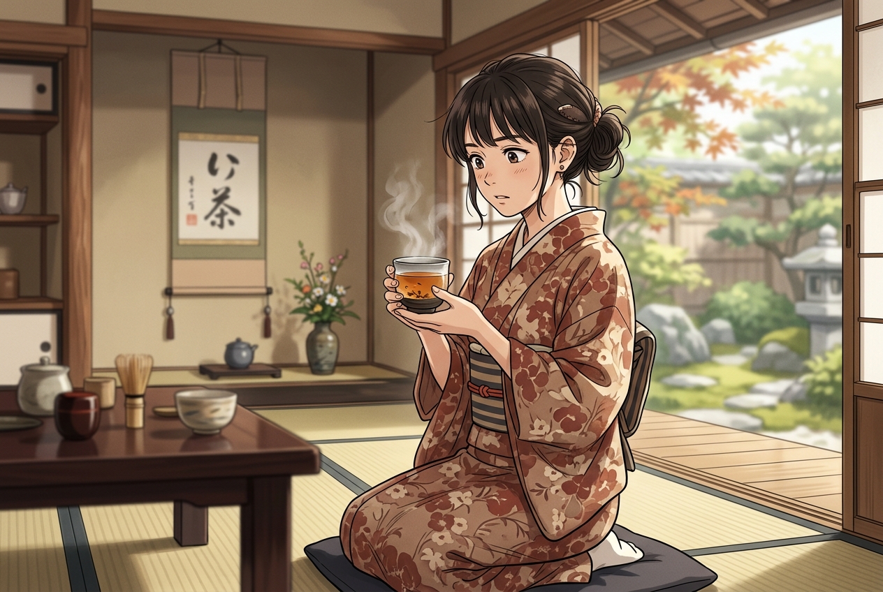 着物姿でお茶を楽しむ女性