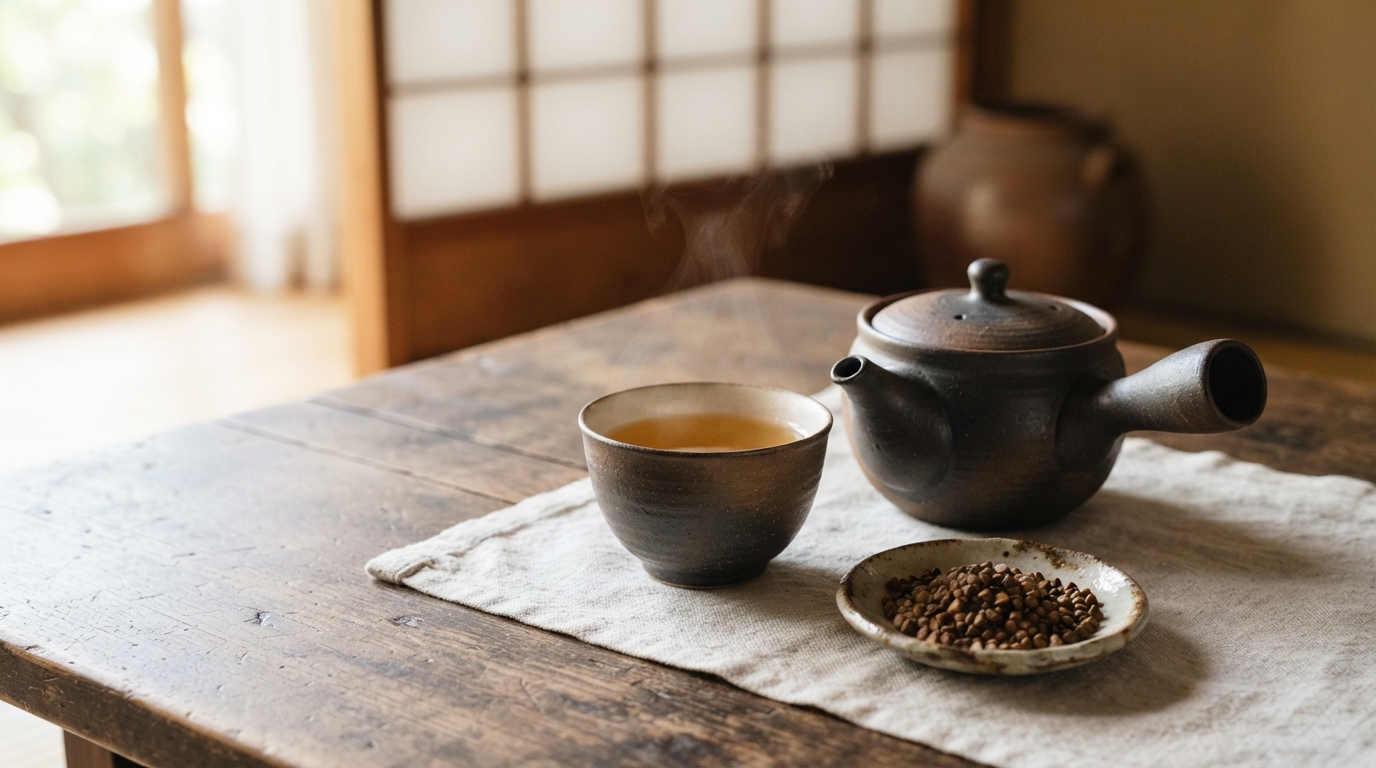そばの実を添えた香ばしいそば茶と和の急須(そば茶の効果・飲み方)