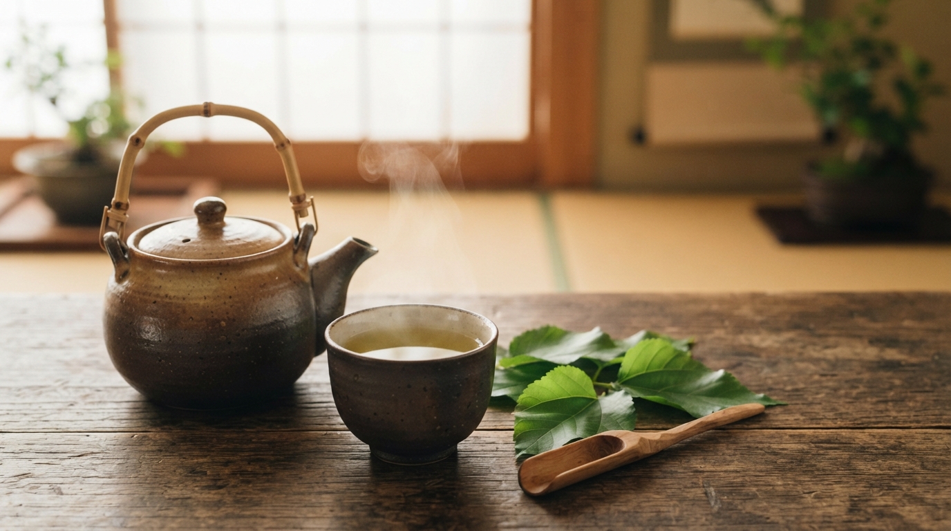 桑の葉を添えた桑の葉茶と和の急須・湯のみ（桑の葉茶の効果）