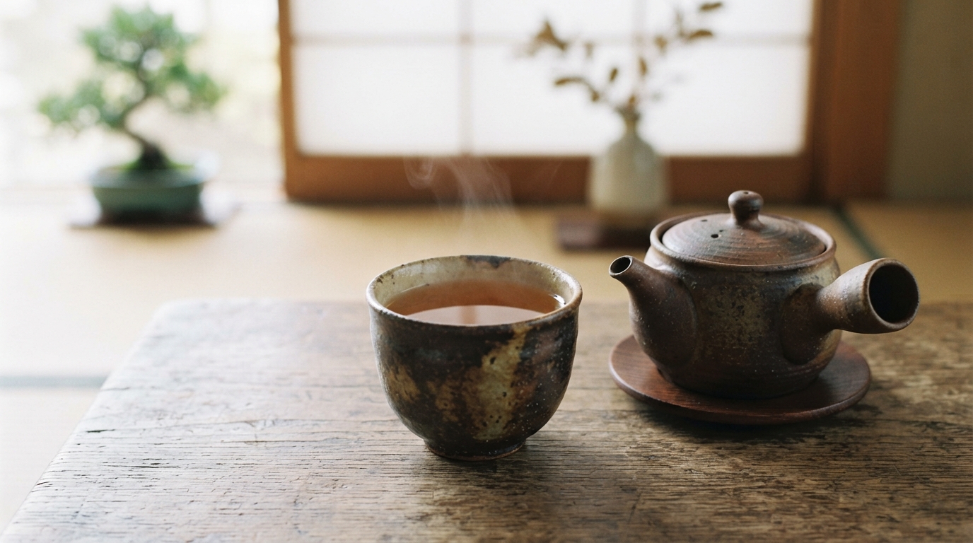 和の湯のみに注がれた琥珀色の杜仲茶と急須（杜仲茶の効果・飲み方）