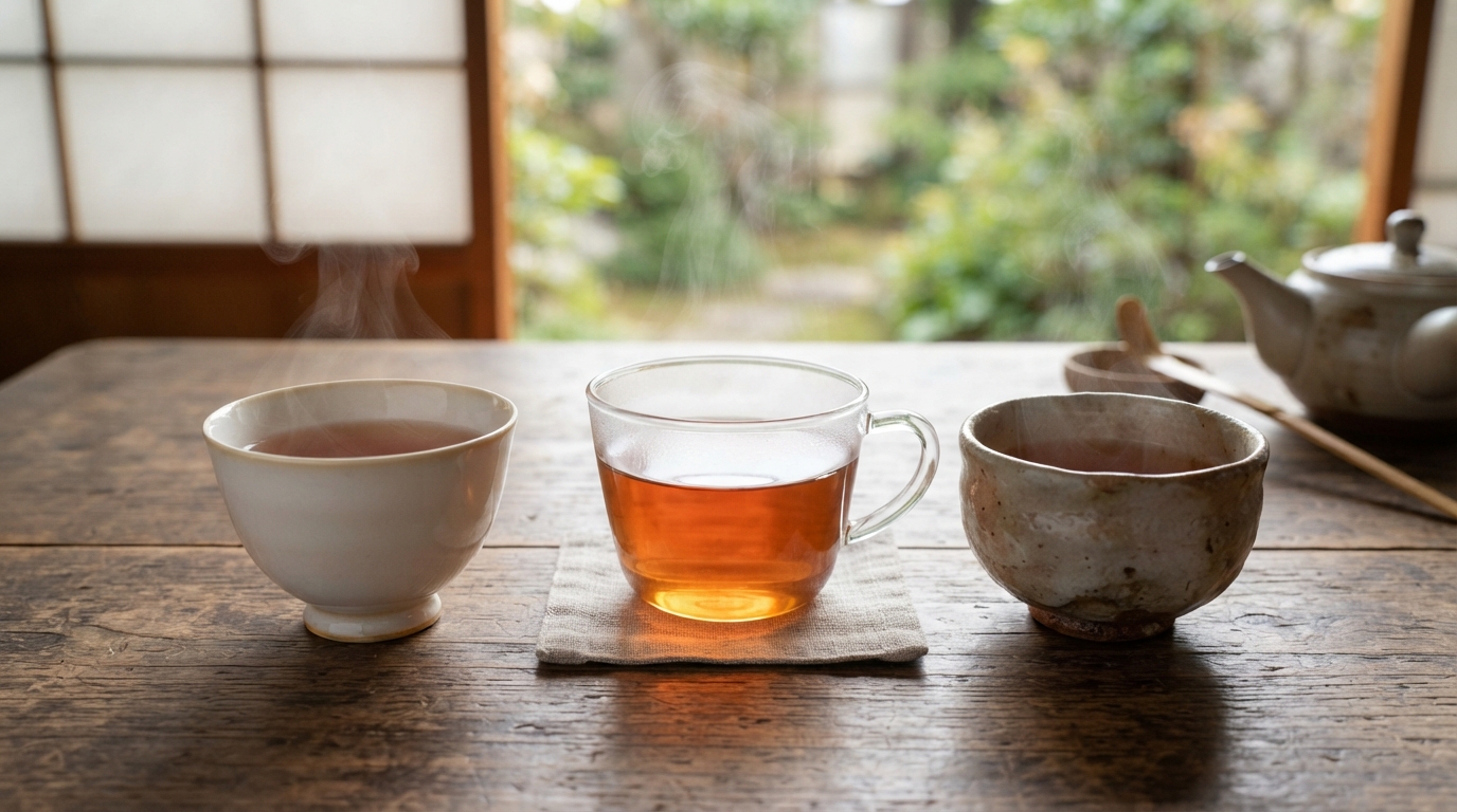 白磁・ガラス・湯のみに注がれた橙色の和紅茶（和紅茶のカップの選び方）