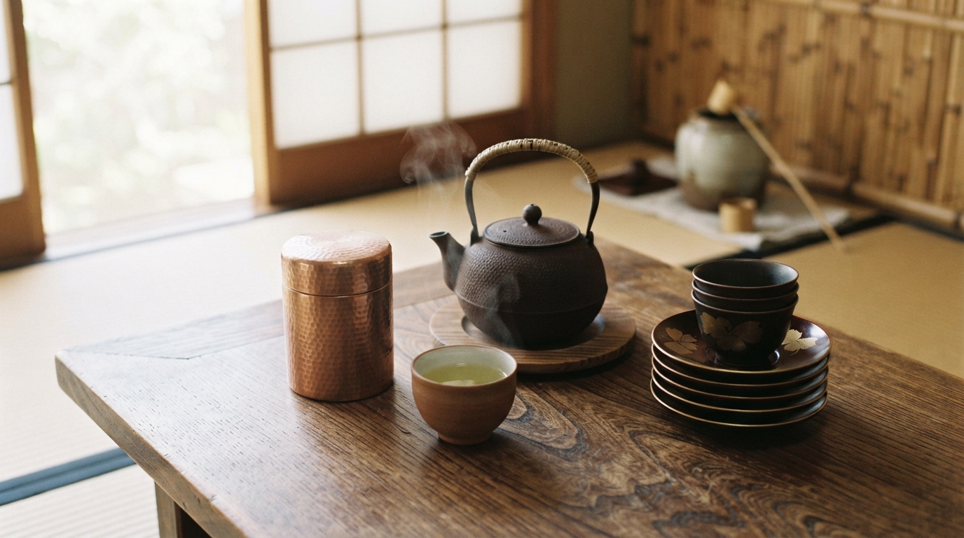 茶筒・茶托・急須など和の茶道具の静物（お茶の和雑貨）