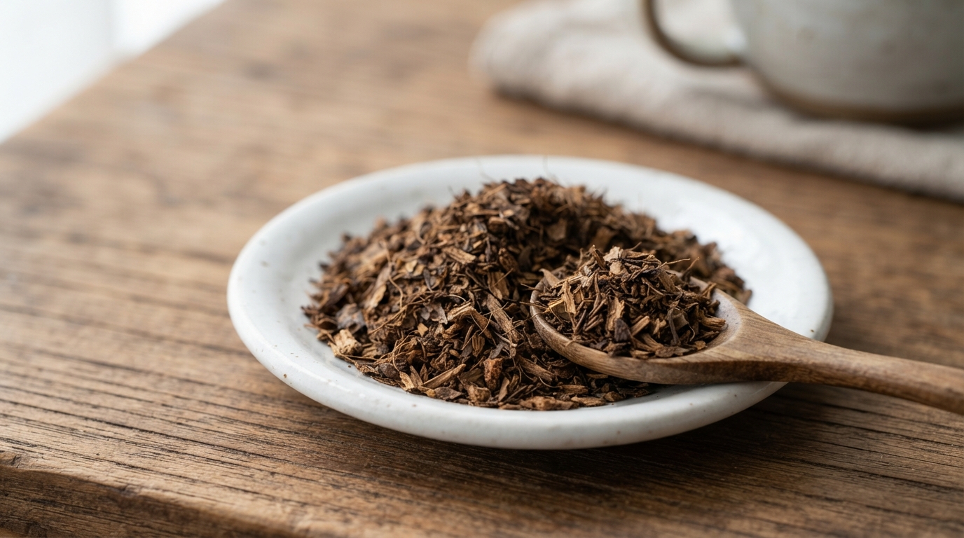 白い小皿と木のさじに盛った、焙煎した乾燥杜仲茶の茶葉