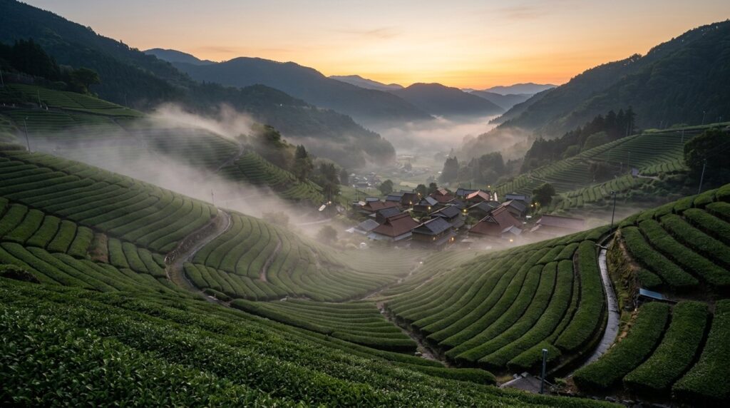 朝もやのかかる山あいの段々の茶畑と、谷にある集落