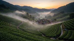 朝もやのかかる山あいの段々の茶畑と、谷にある集落