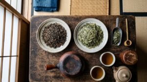 焙じた茶葉と、大きく粗い番茶の葉を並べたところ