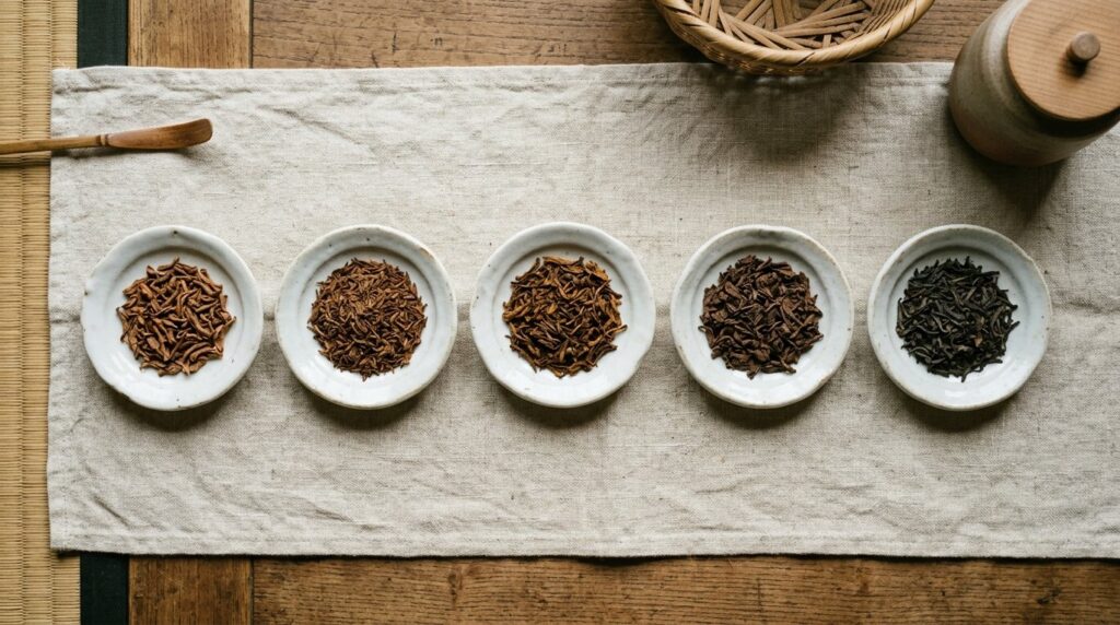 小皿に並べた、色の違う紅茶の茶葉