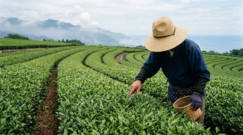 丘の斜面にゆるく曲がりながら続く茶畑の畝