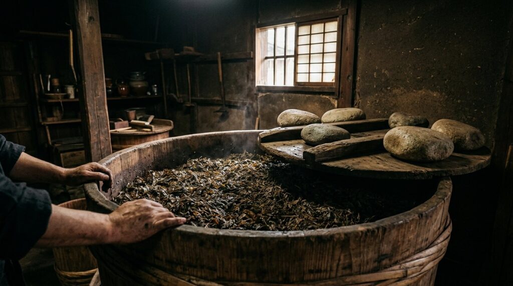 木桶に詰められた発酵中の茶葉と重しの石