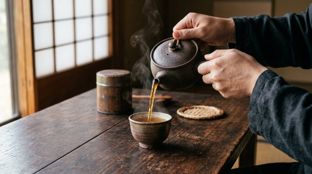 急須から湯呑へ注がれる琥珀色のお茶