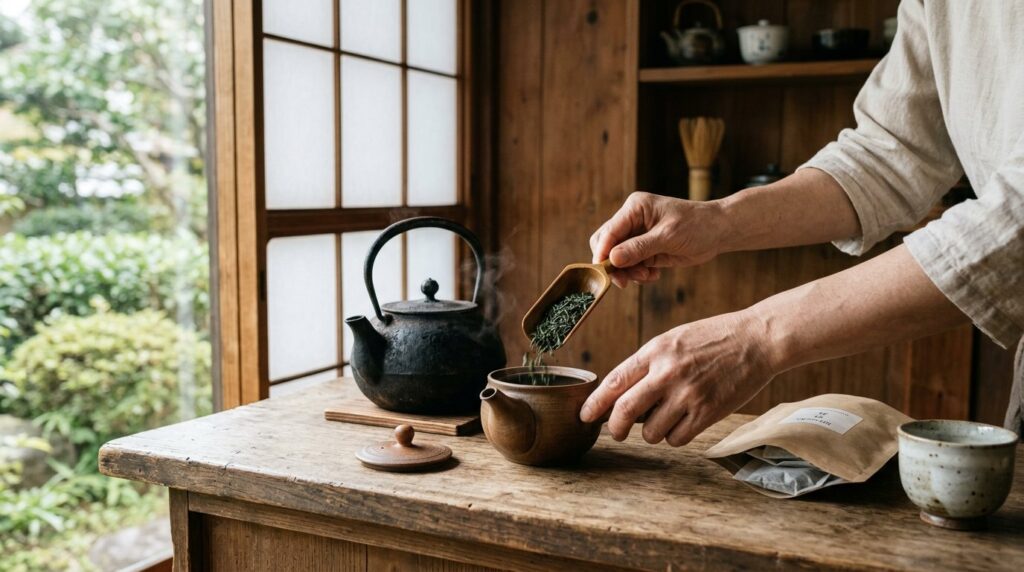 急須に茶葉を入れる手と、やかん
