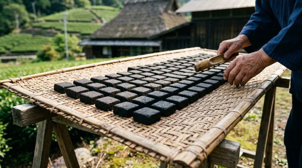竹の平ざるに並べて干された、碁石状の黒い茶の塊