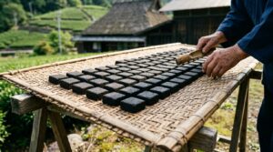 竹の平ざるに並べて干された、碁石状の黒い茶の塊