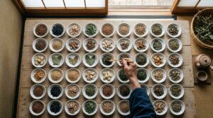 小皿に並べた、さまざまな健康茶の材料