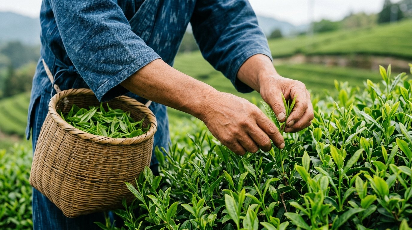 茶の木の新芽を摘む手と、竹かご