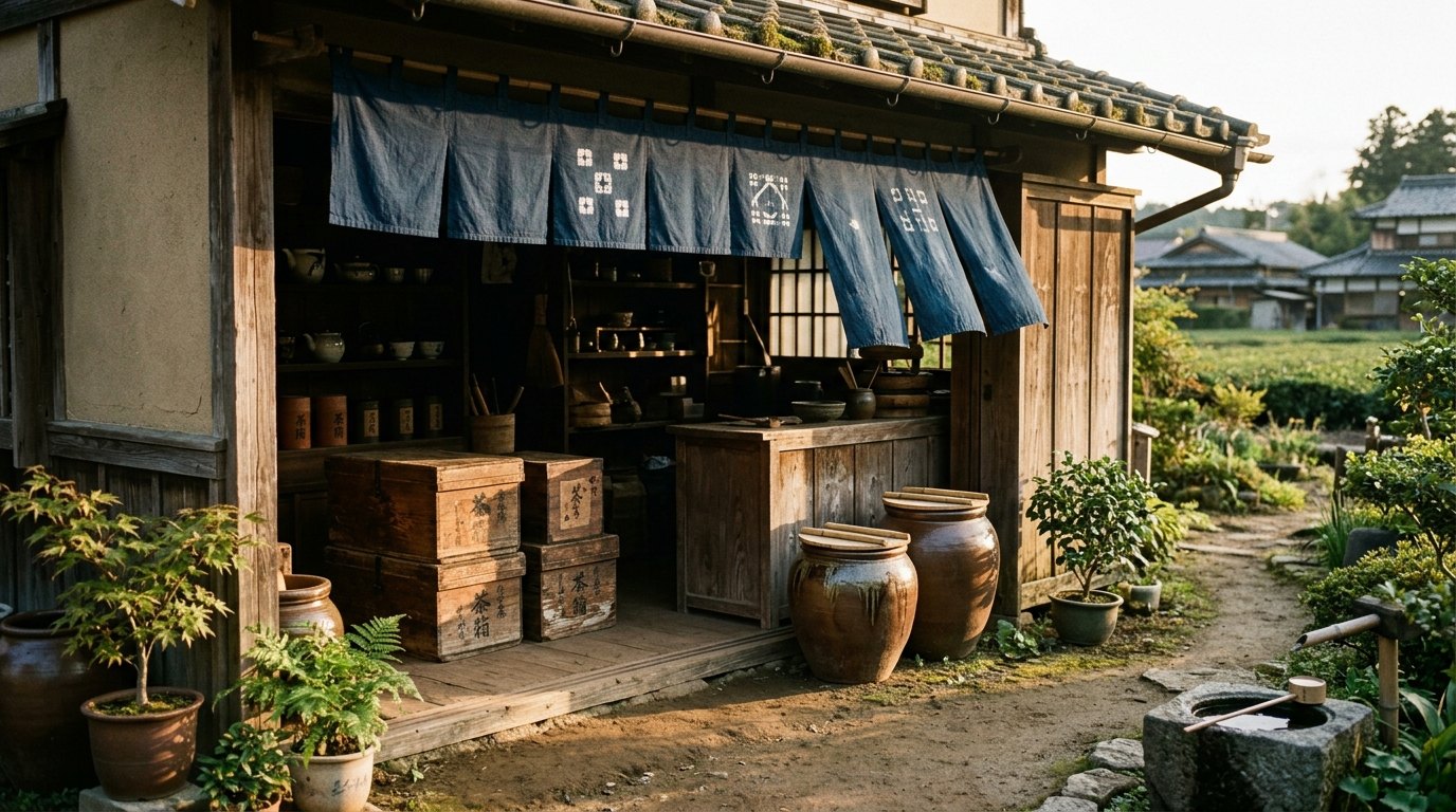 お茶屋の店先と木の茶箱