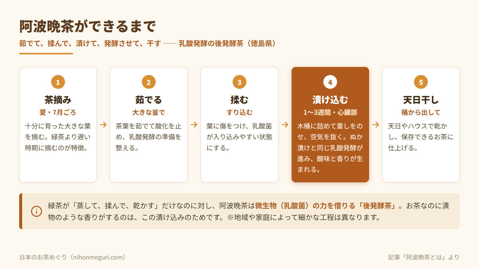 阿波晩茶の製法の図解:茶摘み、茹でる、揉む、漬け込む(乳酸発酵)、天日干しの5工程